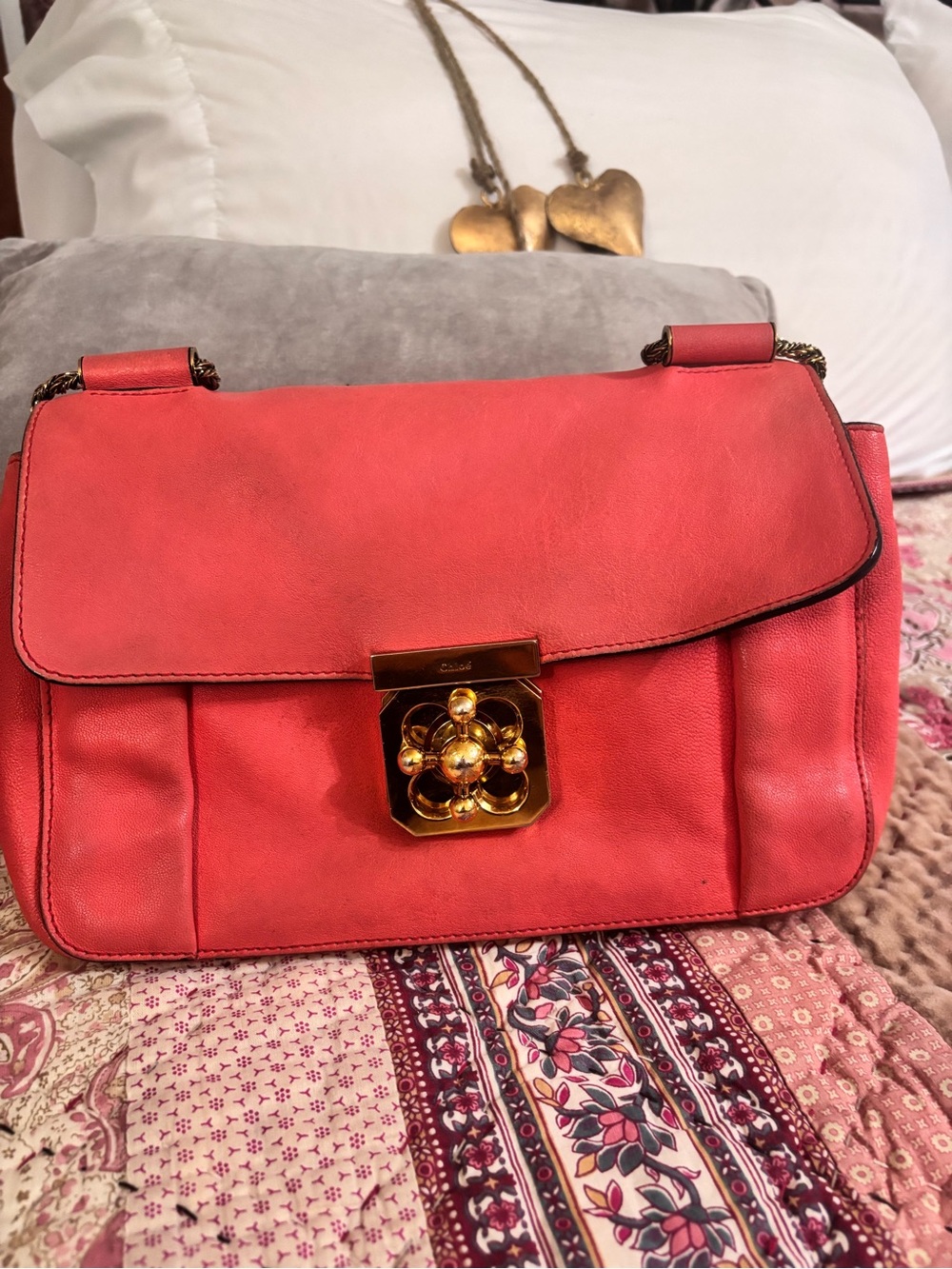 Chloe Coral-Pink Leather Shoulder Bag with Gold Floral Clasp